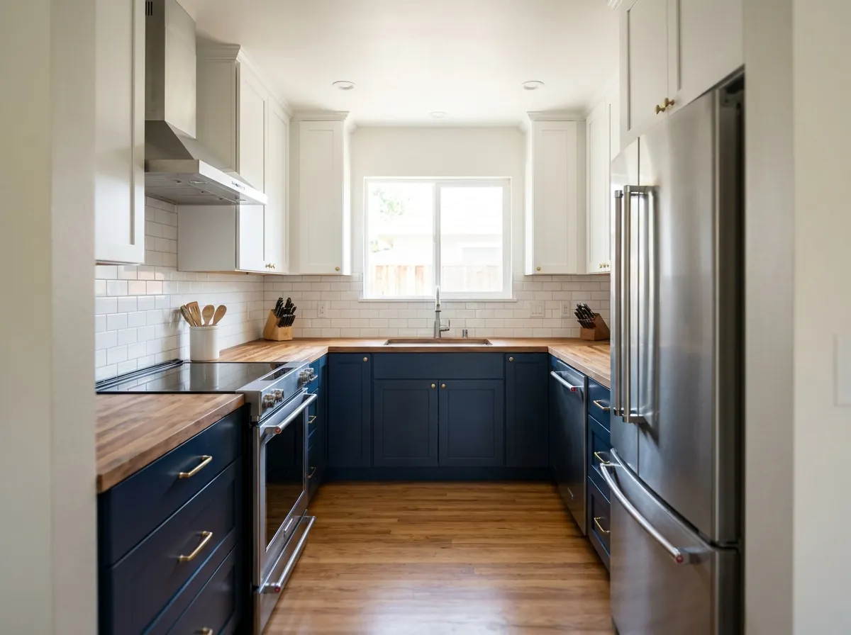 Refreshed U-shaped kitchen with navy lower cabinets, butcher-block counters and white subway tile