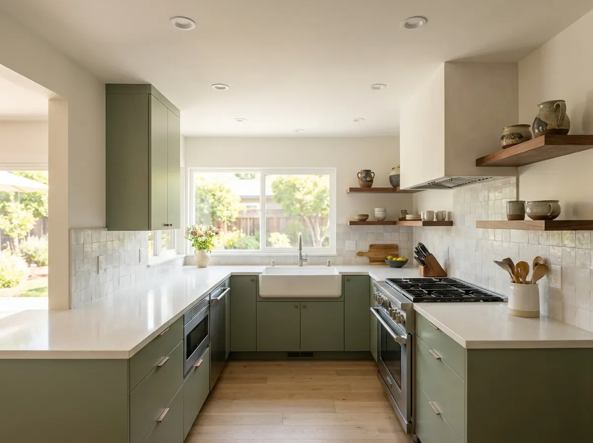 The same San Jose kitchen remodeled with sage green cabinets, white quartz counters and open walnut shelves