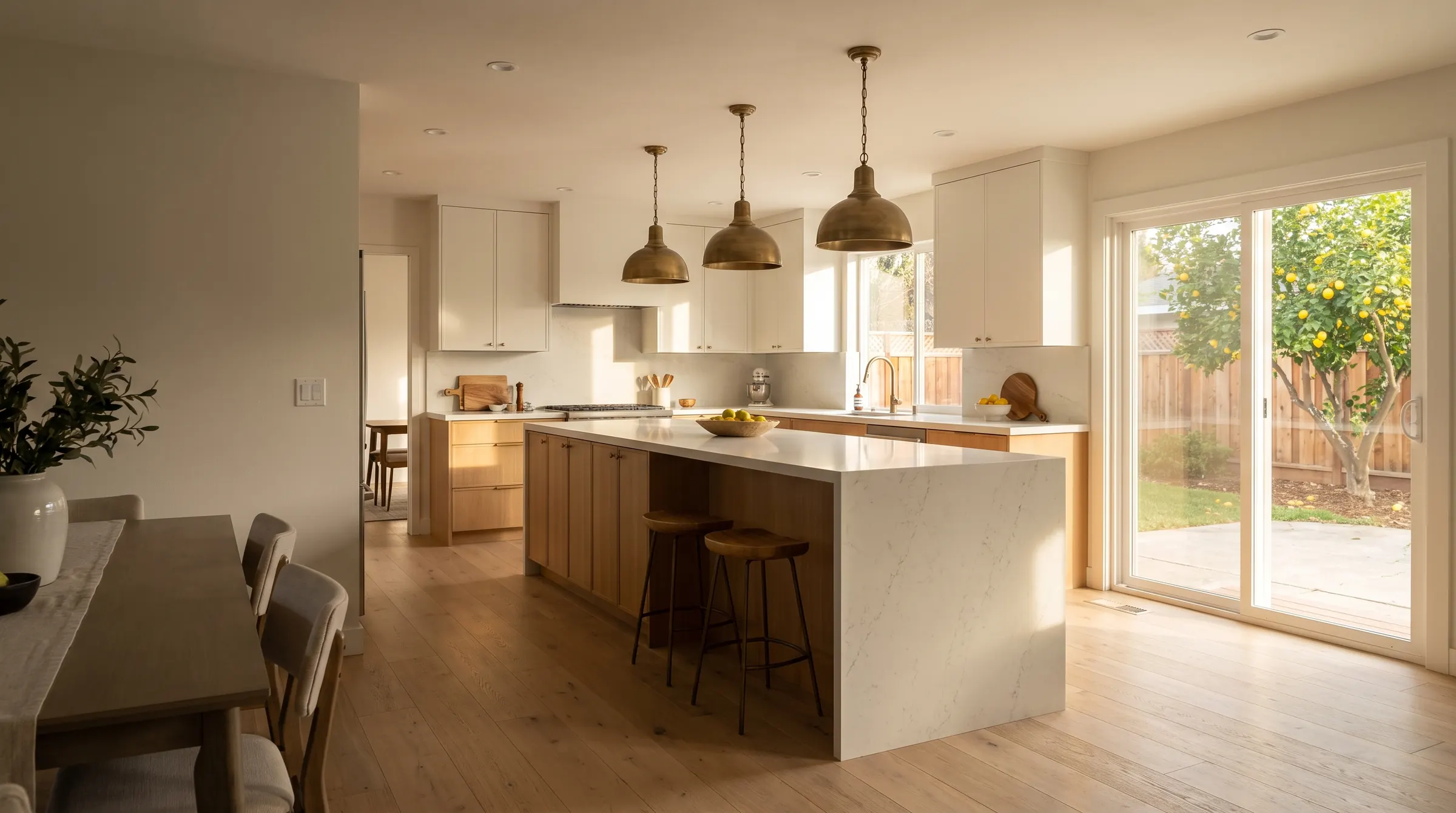 Remodeled San Jose ranch-home kitchen with white oak cabinets, a waterfall quartz island and brass pendant lights