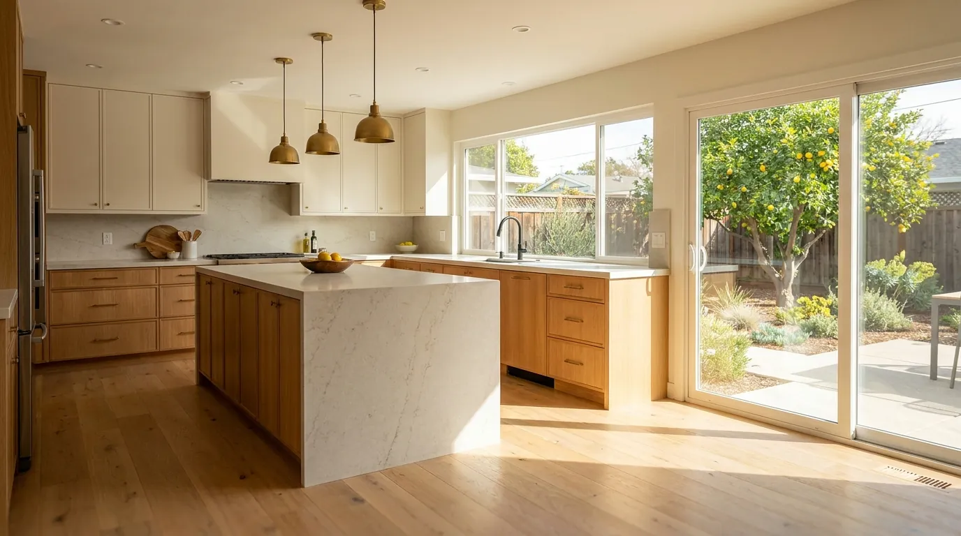 Bright remodeled San Jose kitchen with a waterfall island and brass pendants