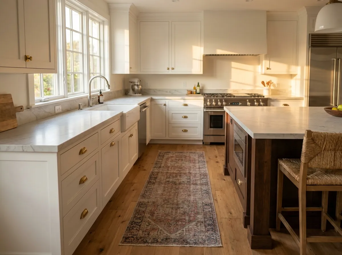 L-shaped kitchen in a San Jose bungalow with white shaker cabinets, brass hardware and a large island
