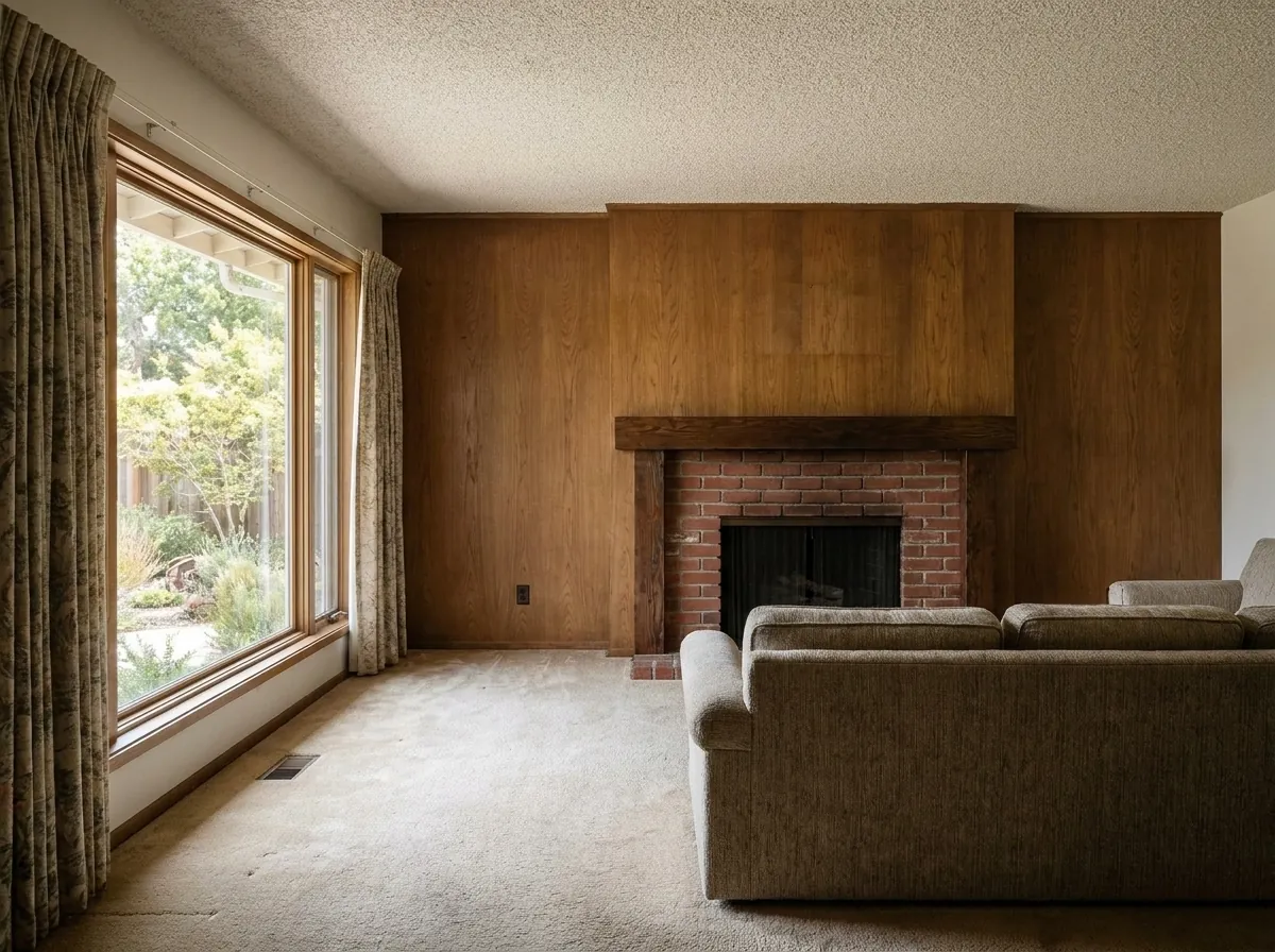 Dated 1950s San Jose living room with a brick fireplace, wood paneling and worn carpet