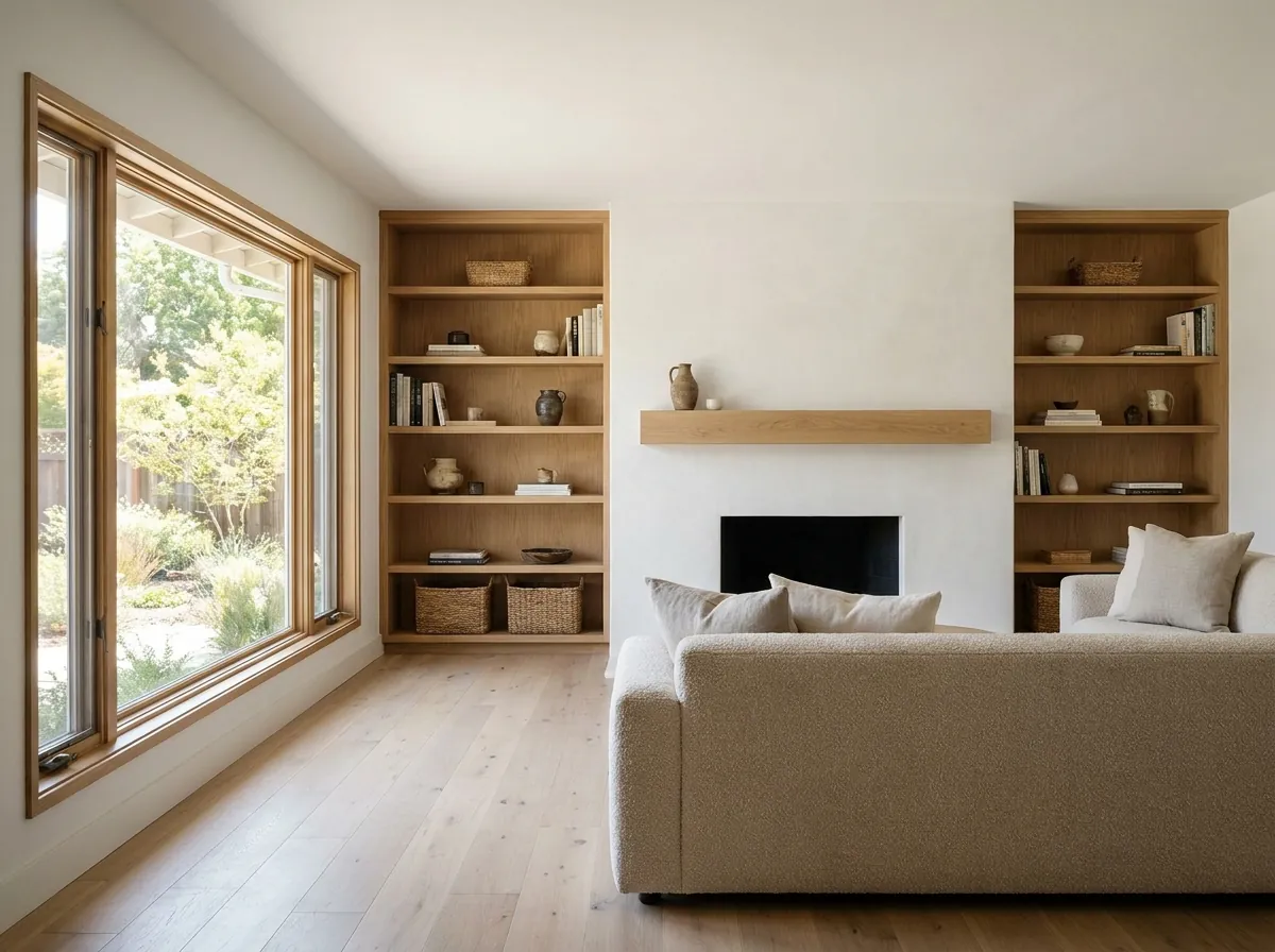The same San Jose living room remodeled with a white plaster fireplace, oak built-ins and wide-plank floors