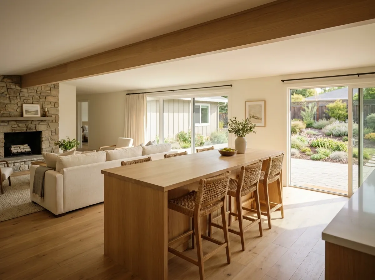 Open-concept kitchen and family room in a San Jose ranch home after removing a wall