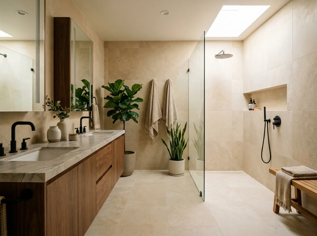 Remodeled San Jose primary bathroom with a double walnut vanity, warm stone tile and a curbless glass shower