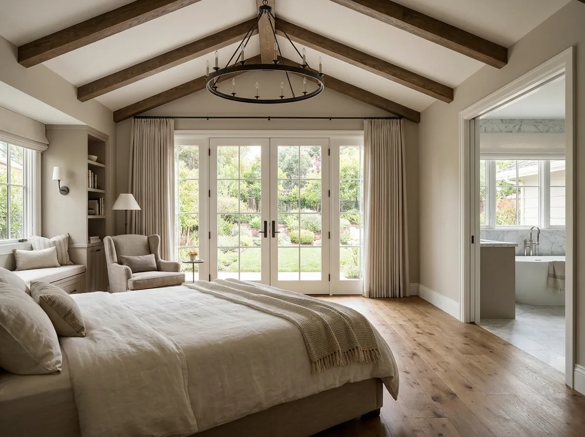 New primary suite addition in a San Jose home with a vaulted beamed ceiling and French doors to the garden
