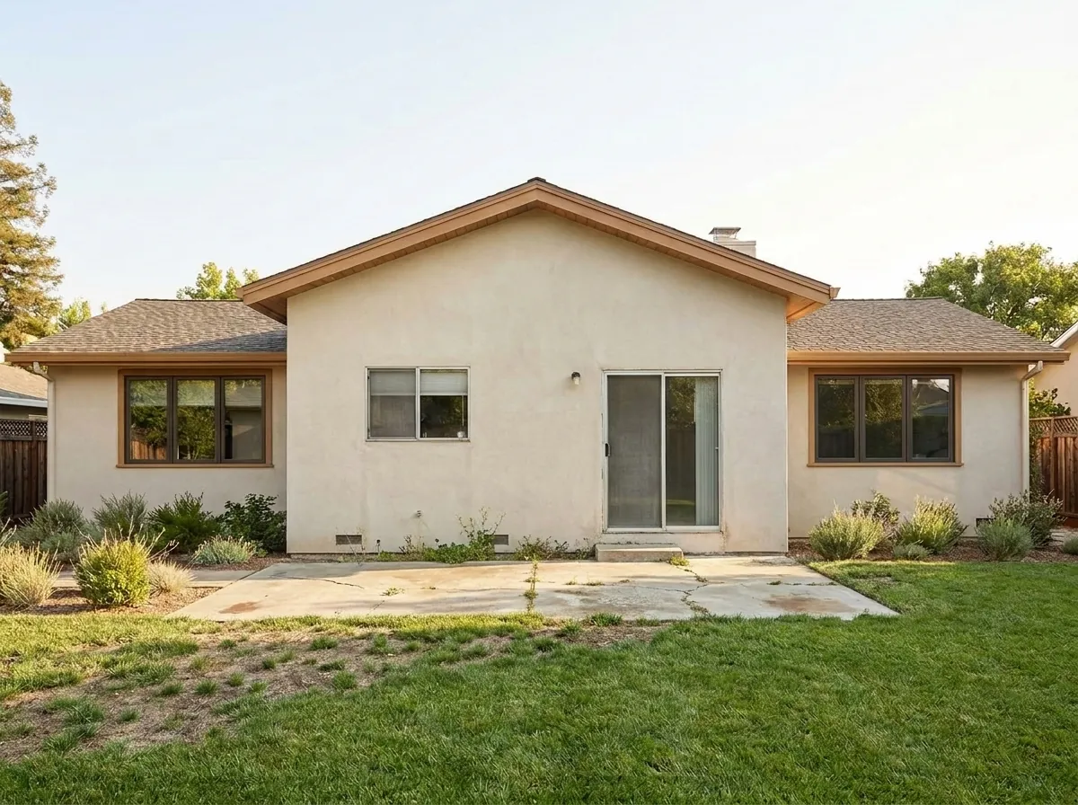 Rear of a San Jose ranch home before an addition, with a small window, a narrow slider and a cracked patio
