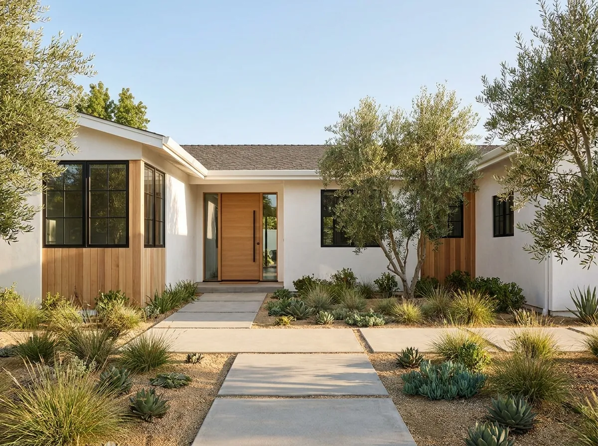 Fully remodeled single-story San Jose ranch home with white stucco, cedar accents and low-water landscaping