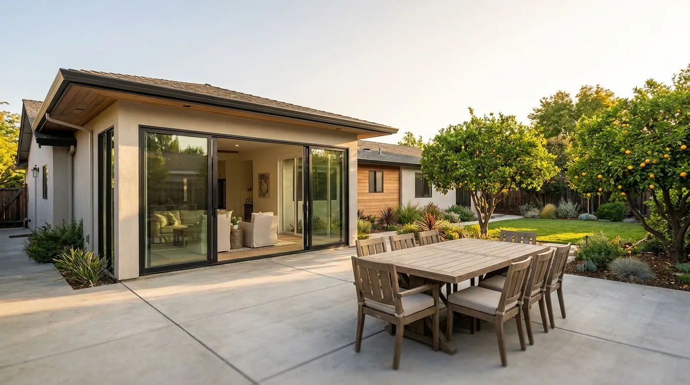 Rear family room addition on a San Jose ranch home with a matching roofline and large black-framed sliding doors