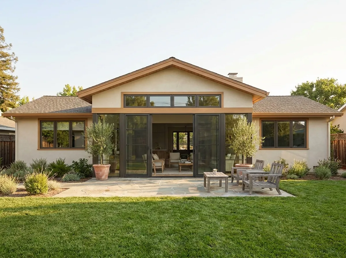 The same San Jose home with a rear great-room addition, clerestory windows and glass sliding doors