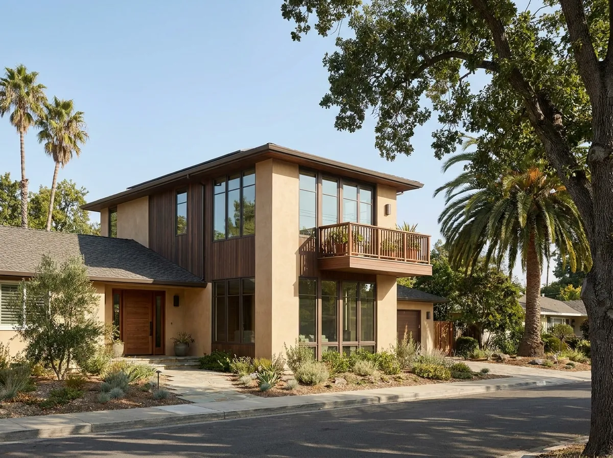 San Jose home with a new second-story addition with stucco, wood siding and a small balcony