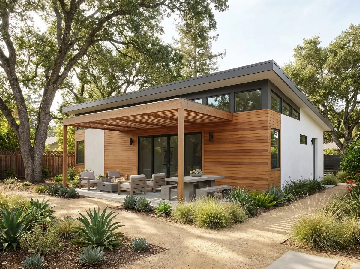Detached ADU with cedar siding, white stucco and a covered pergola patio in a San Jose backyard
