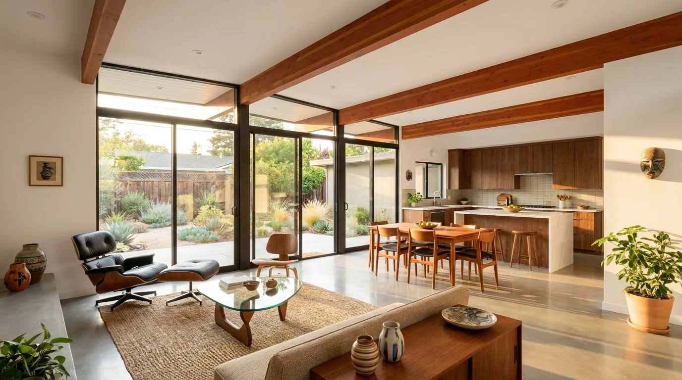 Open living, dining and kitchen area in a remodeled mid-century San Jose home with exposed beams and a wall of glass